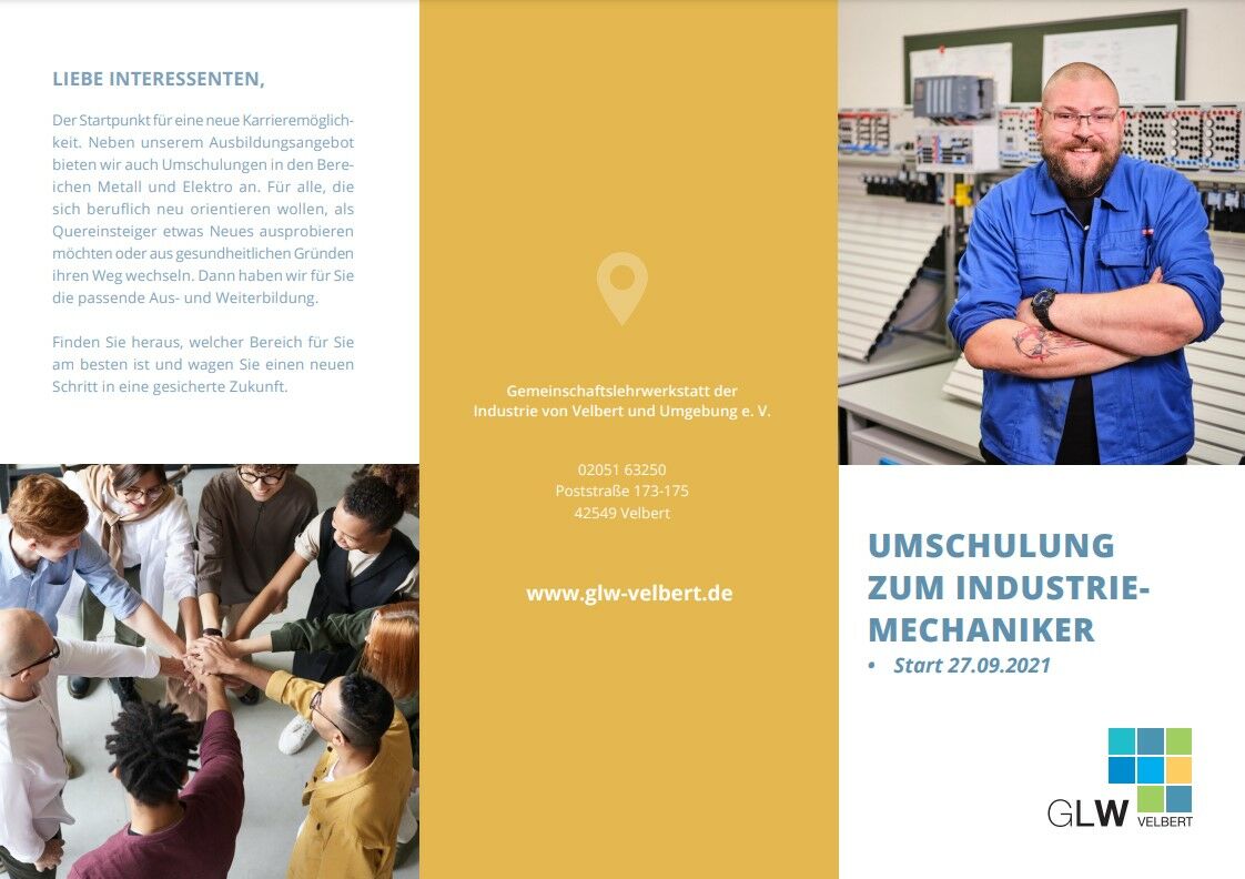 Flyer Umschulung Industriemechaniker | Gemeinschaftslehrwerkstatt Velbert